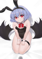 1girl absurdres alternate_costume animal_ears barefoot bat_wings black_leotard black_wings bow bowtie breasts commentary_request covered_navel detached_collar fake_animal_ears grin highres leotard non-web_source penis_shadow playboy_bunny purple_hair rabbit_ears red_bow red_bowtie red_eyes red_nails remilia_scarlet seiza short_hair simple_background sitting skindentation small_breasts smile solo strapless strapless_leotard sudako_(dai011305) sweatdrop thigh_strap thighs touhou v-shaped_eyebrows white_background wings wrist_cuffs