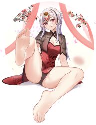 1girl barefoot breasts china_dress chinese_clothes cleavage devil_fish dress feet foot_focus highres long_hair looking_at_viewer multicolored_hair original panties pantyshot parted_lips red_eyes soles streaked_hair toes underwear white_hair