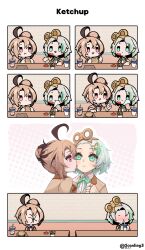 2girls absurdres ahoge blush brown_hair burger cecilia_immergreen cup disposable_cup drinking_straw eating food food_on_face french_fries gigi_murin highres hololive hololive_english licking licking_another&#039;s_face multicolored_hair multiple_girls open_mouth pink_eyes scanling short_hair two-tone_hair virtual_youtuber winding_key yuri