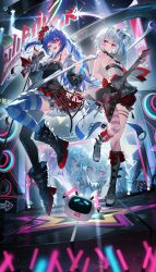 2girls arm_tattoo bili_girl_22 bili_girl_33 bilibili black_shirt blue_ribbon boots breasts detached_collar grey_hair guitar hat highres holding holding_guitar holding_instrument holding_microphone instrument long_hair looking_at_viewer microphone multiple_girls music one_eye_closed playing_instrument qys3 red_eyes red_ribbon red_skirt ribbon shirt side_ponytail single_thighhigh skirt sleeveless sleeveless_shirt small_breasts smile spaghetti_strap stage star_tattoo striped_clothes striped_thighhighs tattoo thighhighs white_shirt