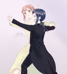 Rule 34 | 2girls, absurdres, black jacket, black pants, blue hair, brown eyes, commentary, dancing, dress, haruma kiki, highres, holding hands, jacket, long hair, long sleeves, multiple girls, odoriba ni skirt ga naru, orange hair, pants, parted lips, ponytail, purple background, red eyes, rs20210604, simple background, smile, toribami michiru, tuxedo, watermark, yellow dress, yuri