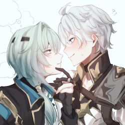 ? ?? anaxa_(honkai:_star_rail) aqua_hair armor black_gloves black_jacket blush closed_mouth fz7047 gloves grey_hair highres honkai:_star_rail honkai_(series) jacket looking_at_another male_focus phainon_(honkai:_star_rail) short_hair shoulder_armor side_ponytail smile sweatdrop upper_body yaoi