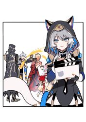 3boys 3girls animal_ear_fluff animal_ears antenna_hair aqua_hair arm_tattoo armor armored_boots back_tattoo black_choker black_cloak black_gloves black_shirt blonde_hair blue_cape boots cape cat_ears cat_girl cat_tail chinese_commentary choker cipher_(honkai:_star_rail) clapperboard cloak closed_eyes coat commentary_request fingerless_gloves flame_reaver_of_the_deepest_dark flower gloves gradient_hair hair_between_eyes hair_flower hair_ornament highres honkai:_star_rail honkai_(series) hood hood_up hooded_cloak hyacine_(honkai:_star_rail) looking_at_viewer medium_hair multicolored_hair multiple_boys multiple_girls mydei_(honkai:_star_rail) pauldrons phainon_(honkai:_star_rail) pink_hair red_hair red_tattoo shirt short_hair shoulder_armor simple_background single_pauldron tail tattoo trianne_(honkai:_star_rail) trinnon_(honkai:_star_rail) white_background white_coat white_hair yuelinpanp98413