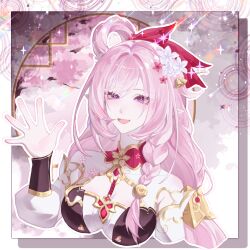 1girl 9163695151 bell braid breasts chinese_commentary cleavage commentary_request cropped_torso diamond-shaped_pupils diamond_(shape) elf elysia_(herrscher_of_human:_ego)_(honkai_impact) elysia_(honkai_impact) elysia_(peachy_spring)_(honkai_impact) flower hair_bell hair_flower hair_ornament highres honkai_(series) honkai_impact_3rd large_breasts looking_at_viewer official_alternate_costume open_mouth pointy_ears purple_eyes single_braid smile solo star_(symbol) symbol-shaped_pupils