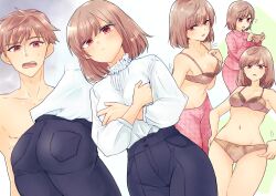 1boy 1girl ass blush bra breasts brown_bra brown_hair brown_panties dressing genderswap genderswap_(mtf) grabbing_own_breast highres medium_breasts multiple_views navel open_mouth original pajamas panties pink_pajamas ponponsoro red_eyes underwear unworn_panties