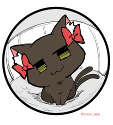 :3 animal_focus bow cat commentary_request fisheye full_body kaenbyou_rin kaenbyou_rin_(cat) multiple_tails no_humans noai_nioshi pov_peephole red_bow simple_background smug solo tail touhou two_tails white_background