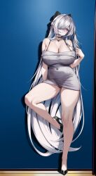 1girl absurdres black_panties blue_background breasts cinderella_(beautiful_me)_(nikke) cinderella_(nikke) commentary dongtan_dress dress goddess_of_victory:_nikke hair_over_one_eye high_heels highres large_breasts long_hair lrrer official_alternate_costume panties red_eyes see-through_clothes see-through_dress solo standing standing_on_one_leg underwear unworn_eyewear very_long_hair white_hair