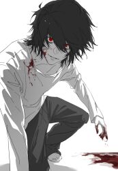 1boy barefoot blood blood_on_clothes blood_on_face blood_on_hands blood_splatter blurry death_note depth_of_field empty_eyes hashtag-only_commentary highres l_(death_note) long_sleeves looking_at_viewer male_focus mao_626 red_eyes short_hair sketch smile solo spot_color
