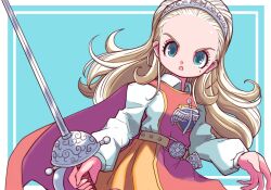 1girl anlucea aqua_eyes belt blonde_hair blue_background border brown_belt commentary_request cowboy_shot daydream1201 dragon_quest dragon_quest_x floating_clothes hair_pulled_back hairband holding holding_sword holding_weapon long_hair looking_at_viewer mole mole_under_eye open_mouth orange_skirt rapier red_tabard scabbard sheath shirt silver_hairband skirt solo sword tabard weapon white_border white_shirt