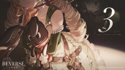 :o bare_shoulders belt belt_pouch black_background blonde_hair bow brown_belt chin_strap copyright_name copyright_notice countdown dress drill_hair elbow_gloves facing_viewer frilled_dress frills glint gloves green_dress green_eyes green_gloves head_out_of_frame highres hitokoto hugging_object jewelry logo long_dress long_hair low_twintails multiple_views necklace official_art orange_bow pearl_necklace pouch reverse:1999 shadow sleeveless sleeveless_dress smile sotheby spotlight stuffed_animal stuffed_rabbit stuffed_toy twin_drills twintails upper_body
