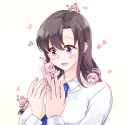 5girls ahoge black_hair blue_archive blush chibi closed_eyes collared_shirt female_sensei_(blue_archive) halo heart hoshino_(blue_archive) long_hair long_sleeves mini_person minigirl multiple_girls on_head open_mouth person_on_head person_on_shoulder pink_hair pink_halo purple_eyes rarasa_(rarasa) sensei_(blue_archive) shirt simple_background smile white_background white_shirt