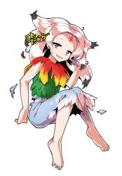 1girl alphes_(style) barefoot black_hair blue_eyes blue_skirt capelet colored_tips commentary_request dairi defeat facial_mark feather_capelet feathers flat_chest forehead forehead_mark fossilized_wonders full_body gradient_feathers green_leaf half-closed_eyes hand_up houjuu_chimi leaf_clothing leaf_shirt long_hair looking_at_viewer multicolored_hair open_mouth parody red_feathers shirt simple_background skirt sleeveless sleeveless_shirt smile solo style_parody sweatdrop tachi-e torn_capelet torn_clothes torn_skirt touhou translation_request transparent_background white_hair yellow_feathers