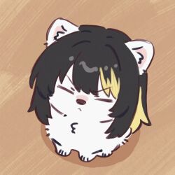 animal animalization black_hair blonde_streaks cat closed_eyes closed_mouth cobwvmeti from_above full_body highres idolmaster idolmaster_shiny_colors ikaruga_luca multicolored_hair no_humans sitting solo streaked_hair white_cat white_fur