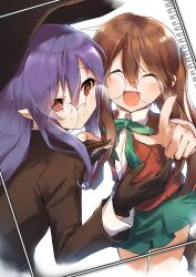2girls absurdres ayanoi_high_school_uniform blue_hair blush bow bowtie brown_hair closed_eyes collared_shirt creator_connection framed ga_geijutsuka_art_design_class glasses gloves hair_between_eyes hat highres hitsugi_katsugi_no_kuro holding_hands kootee-on kuro_(hitsugi_katsugi_no_kuro) long_hair multiple_girls open_mouth pointing ponytail red_eyes shirt smile top_hat white_background yamaguchi_kisaragi
