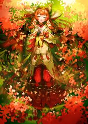 Rule 34 | 1girl, absurdres, bad id, bad pixiv id, closed mouth, code: dragon blood, collarbone, dragon raja, flower, from above, green kimono, hair between eyes, hair ribbon, hakama, hakama skirt, highres, japanese clothes, kimono, long hair, lying, miko, orange eyes, orange hair, outdoors, partially submerged, red hakama, ribbon, shinra (user shinra), skirt, uesugi erii, very long hair, water, white ribbon