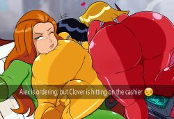 3girls alex_(totally_spies) ass ass_focus black_hair blonde_hair bodysuit car clover_(totally_spies) emoji furiouswrath911 green_eyes he_wants_to_order_(meme) heart high_heels highres huge_ass latex latex_bodysuit meme motor_vehicle multiple_girls red_hair sam_(totally_spies) selfie signature spoken_heart steering_wheel sweatdrop totally_spies