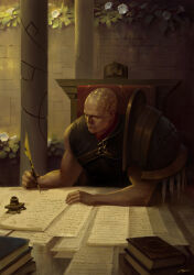 1boy absurdres arm_on_table armor body_writing book brick_wall commentary elbows_on_table english_commentary facial_tattoo flower glowing_tattoo highres holding holding_quill ink inkwell leaning_on_table looking_to_the_side lorgar_aurelian male_focus muscular muscular_male official_art oruam outdoors paper pauldrons pillar primarch purity_seal quill reflective_surface reflective_table rose runes scattered_books scattered_paper shoulder_armor sidelighting signature single_pauldron sitting sketch solo sunlight table tattoo throne too_many_papers upper_body warhammer_40k white_flower white_rose word_bearers writing