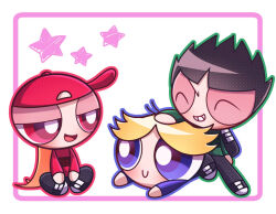 3boys antenna_hair backwards_hat baseball_cap black_hair black_pants black_shoes blonde_hair blue_eyes blue_shirt blunt_bangs boomer_(ppg) border brick_(ppg) butch_(ppg) closed_eyes crossed_legs green_shirt grin hand_on_another&#039;s_head hat long_hair lying mochika2 multiple_boys on_floor on_stomach open_mouth orange_hair pants parted_bangs pink_border powerpuff_girls red_eyes red_shirt rowdyruff_boys shirt shoes short_hair siblings simple_background sitting sitting_on_person smile sneakers spiked_hair star_(symbol) teeth white_background
