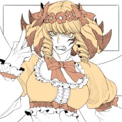 1girl arthropod_girl bee_girl bow bowtie breasts clenched_teeth crop_top facial_mark final_fantasy final_fantasy_xiv flower frilled_shirt frills furrowed_brow hair_bow hair_flower hair_ornament hiryuu_(kugelcruor) honey_b._lovely hyur insect_girl insect_wings juliet_sleeves long_sleeves medium_breasts middle_finger midriff multiple_hair_bows orange_eyes orange_hair puffy_sleeves ringlets shirt solo teeth upper_body white_background wings
