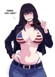 Rule 34 | 1girl, absurdres, american flag, american flag bikini, american flag print, belt, bikini, black belt, black hair, black jacket, blue pants, breasts, chainsaw man, denim, english text, facial scar, flag print, flag print bikini, gratam, highres, holding, holding removed eyewear, jacket, jeans, large breasts, long hair, navel, open mouth, pants, print bikini, ringed eyes, scar, scar on cheek, scar on face, scar on nose, simple background, solo, sunglasses, swimsuit, teeth, unworn eyewear, white background, yellow eyes, yoru (chainsaw man)