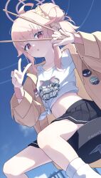 1girl absurdres ahoge black_skirt blue_archive blue_sky collarbone drumsticks halo highres holding holding_drumsticks jacket loli long_hair long_sleeves looking_at_viewer loose_socks midriff natsu_(band)_(blue_archive) natsu_(blue_archive) navel official_alternate_costume open_clothes open_jacket open_mouth outdoors pink_hair pink_halo pleated_skirt print_shirt red_eyes shirt sitting skirt sky socks solo sweat tied_shirt tkmrrr9 twitter_username white_shirt white_socks yellow_jacket