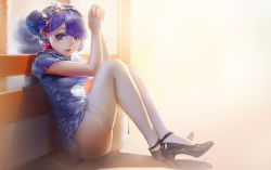 Rule 34 | 10s, 1girl, against wall, alternate costume, alternate hairstyle, arms up, backlighting, black shoes, blackrabbitsoul, blue dress, blue eyes, blue hair, blunt bangs, china dress, chinese clothes, crossed ankles, double bun, dress, female focus, flower, full body, hair bun, hair flower, hair ornament, hair ribbon, hairband, high heels, highres, light smile, looking at viewer, own hands together, parted lips, pink ribbon, re:zero kara hajimeru isekai seikatsu, rem (re:zero), ribbon, rose, shoes, short hair, short sleeves, solo, thighhighs, wall, white flower, white rose, white thighhighs, zettai ryouiki