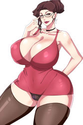 1girl adjusting_glasses arm_behind_back black_panties breasts brown_hair cameltoe cleavage dress eyelashes female_focus glasses highres huge_breasts lipstick long_hair looking_at_viewer makeup mature_female navel panties red_dress red_eyes red_lips shiny_clothes shiny_skin skin_tight smile solo tamanegiya thighhighs underwear white_background wide_hips