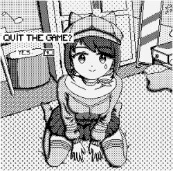 animal_ear_headwear animal_ears animated animated_gif breasts closed_mouth commentary cool_mita_(miside) deimiler english_commentary english_text fake_animal_ears greyscale hat indoors long_sleeves lowres medium_breasts miniskirt miside mita_(miside) monochrome peaked_cap pixel_art short_hair sitting skirt smile thighhighs wariza
