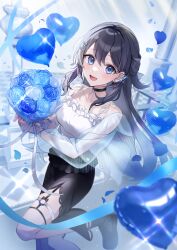 Rule 34 | 1girl, absurdres, black boots, black choker, black hair, black skirt, blue eyes, blush, boots, bouquet, breasts, butterfly hair ornament, choker, collarbone, earrings, flower, garter straps, hair between eyes, hair ornament, highres, holding, holding bouquet, indie virtual youtuber, jewelry, long hair, long sleeves, looking at viewer, medium breasts, mikage yura, open mouth, scent4u, shirt, skirt, smile, solo, thighlet, virtual youtuber, white shirt