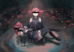 6+girls ahoge bar_censor black_boots black_skirt black_thighhighs boots breast_pocket buttons carrying carrying_person censored censored_identity chinese_commentary clone collared_shirt commentary_request death detached_sleeves drill_hair hair_between_eyes highres kasane_teto kasane_teto_(utau) lying miniskirt multiple_girls number_tattoo on_back on_stomach parted_lips pocket red_hair red_tattoo sang_yu_qwq shirt shoulder_tattoo skirt sleeveless sleeveless_shirt tattoo thigh_boots thighhighs twin_drills utau wing_collar