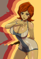 Rule 34 | 1girl, bracelet, breasts, cleavage, covered navel, curvy, female focus, gun, highres, jewelry, large breasts, looking at viewer, lupin iii, matching hair/eyes, mine fujiko, necklace, parted lips, pearl necklace, shiny skin, short hair, sirk9, solo, weapon, wide hips