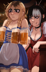 Rule 34 | 2girls, absurdres, alcohol, beer, black eyes, black hair, black nails, blonde hair, braid, breasts, choker, cleavage, closed mouth, collarbone, dirndl, earrings, face piercing, german clothes, highres, indoors, jessie (veyonis), jewelry, large breasts, lip piercing, mika (veyonis), multicolored hair, multiple earrings, multiple girls, nail polish, nose piercing, open mouth, original, piercing, smile, twin braids, two-tone hair, veyonis, yuri