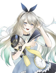 1girl absurdres alternate_costume black_choker black_hairband blue_dress blue_pupils bow bow_choker caelus_(honkai:_star_rail) character_doll choker doll dress firefly_(honkai:_star_rail) frilled_dress frills gradient_eyes grey_hair hair_between_eyes hair_intakes hairband hand_in_own_hair highres holding holding_doll honkai:_star_rail honkai_(series) miyura1010 multicolored_eyes open_mouth ribbon ribbon-trimmed_headwear ribbon_trim simple_background smile solo stuffed_toy teeth trailblazer&#039;s_hat_(honkai:_star_rail) trailblazer_(honkai:_star_rail) upper_teeth_only watch white_background yellow_ribbon