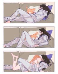 2girls absurdres animalization anzoo black_hair closed_eyes commentary completely_nude couch cushion girl_on_top haerin_(newjeans) hashtag-only_commentary highres indoors jacket kiss long_hair lying minji_(newjeans) multiple_girls newjeans nude on_back on_couch orange_cat orange_hair pants real_life sleeping transformation white_jacket white_pants yuri