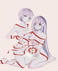 aoui cake elf emilia_(re:zero) food fortuna_(re:zero) mother_and_daughter naked_ribbon pointy_ears re:zero_kara_hajimeru_isekai_seikatsu ribbon