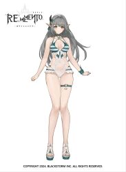 1girl bernice_(rememento) bikini bow cleavage_cutout clothing_cutout copyright_name copyright_notice full_body grey_hair hair_ornament heart heart_o-ring highres logo o-ring o-ring_thigh_strap official_art orange_bow pointy_ears rememento:_white_shadow sandals solo striped_bikini striped_clothes swimsuit thigh_strap white_sandals wrist_bow