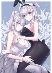 2girls alternate_costume animal_ears ass bare_shoulders black_leotard black_pantyhose blue_eyes blush breasts bunny_day cleavage commentary_request fake_animal_ears fake_tail flower fuyutsuki_(kancolle) gloves grey_hair hair_between_eyes hair_ribbon hand_on_another&#039;s_shoulder highres kabocha_torute kantai_collection large_breasts leotard long_hair multiple_girls one_side_up pantyhose partially_fingerless_gloves playboy_bunny rabbit_ears rabbit_tail ribbon strapless strapless_leotard suzutsuki_(kancolle) tail very_long_hair white_gloves white_ribbon wrist_cuffs
