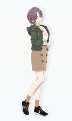 1girl asakura_toru black_shoes brown_skirt earrings green_jacket high-waist_skirt highres idolmaster idolmaster_shiny_colors idolmaster_shiny_colors_song_for_prism jacket jewelry necklace official_art orange_socks shoes skirt sneakers socks white_background
