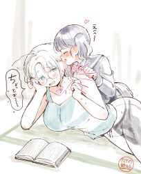2girls absurdres age_difference black_hair book breasts colored_eyelashes glasses hickey highres large_breasts lying multiple_girls on_side onee-loli original school_uniform takeno_(takenoo2) translation_request white_hair yuri