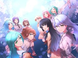 bang_dream! black_hair blonde_hair blue_hair brown_hair cherry_blossoms closed_eyes graduation grey_eyes grey_hair highres hikawa_hina hikawa_sayo imai_lisa maruyama_aya matsubara_kanon minato_yukina pine_(pinepipp) pink_eyes pink_hair purple_eyes purple_hair red_eyes seta_kaoru shirasagi_chisato shirokane_rinko tearing_up yamato_maya yellow_eyes