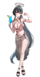 1girl absurdres arm_strap bikini black_hair black_halo blue_archive blush breasts bright_pupils cleavage closed_mouth commentary criss-cross_halter crossed_legs cup drinking_glass drinking_straw english_commentary fingernails full_body hair_intakes hair_ornament hairpin halo halterneck highres large_breasts long_hair looking_at_viewer nail_polish ponytail red_bikini red_eyes red_nails rio_(blue_archive) sandals sarong see-through_clothes see-through_sarong side_slit simple_background solo standing striped_bikini striped_clothes swimsuit thigh_strap toes very_long_hair white_pupils yamu_(yamu_030)