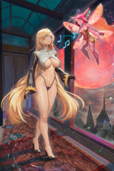 2girls blonde_hair bloodstained:_ritual_of_the_night bloodstained_(series) carabosse colored_skin dominique_(bloodstained) fairy fairy_wings green_eyes highres mind_control monster moon multiple_girls pink_hair pink_skin pointy_ears red_moon wings yugen99