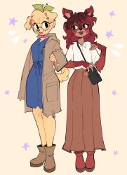 2girls absurdres animal_ear_piercing animal_ears bag black-framed_eyewear black_eyes boots borrowed_character brown_boots brown_coat brown_hair brown_skirt cherry_beries coat collared_shirt deer_ears deer_girl dog_ears dog_girl dog_tail furry furry_female glasses handbag highres long_hair long_skirt long_sleeves multicolored_hair multiple_girls open_mouth original red_hair round_eyewear shirt short_sleeves skirt smile tail tongue tongue_out white_shirt