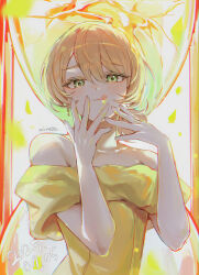 1girl :q absurdres bare_shoulders blonde_hair blush commentary_request dated dress green_eyes hair_between_eyes highres hourglass kusunoki_muu looking_at_viewer milgram mirage_(rairudiseu) ponytail short_hair short_ponytail solo tongue tongue_out yellow_dress