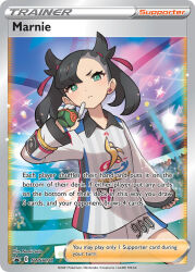 1girl artist_name asymmetrical_bangs audience black_hair black_nails blue_sky card_(medium) character_name closed_mouth company_name copyright_name dusk_ball earrings english_text gloves green_eyes hair_ribbon holding holding_poke_ball jersey jewelry long_sleeves looking_at_viewer marnie_(pokemon) nintendo official_art partially_fingerless_gloves poke_ball pokemon pokemon_swsh pokemon_tcg red_ribbon ribbon saitou_naoki shirt short_shorts shorts single_earring single_glove sky sportswear stadium stadium_lights third-party_source trading_card twintails undercut v-shaped_eyebrows white_shirt white_shorts