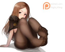 1girl black_pantyhose breasts brown_eyes brown_hair brown_pantyhose chacha_(fate) fate/grand_order fate_(series) feet female_focus foot_focus gusset hairband half-closed_eyes long_hair magic_xiang no_panties pantyhose see-through_clothes simple_background solo thighband_pantyhose underwear underwear_only white_background