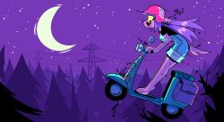 1girl blue_overalls furry furry_female helmet herny moped motor_vehicle night original overalls purple_hair smile tail wolf_girl wolf_tail