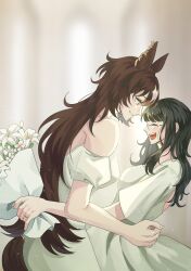 2girls :d ^_^ akira_(bujori) animal_ears black_hair bouquet brown_hair brown_tail bujori closed_eyes clothing_cutout commentary dress ear_ornament female_focus female_trainer_(umamusume) flower glasses happy height_difference highres holding holding_bouquet horse_ears horse_girl jewelry leaning_forward lily_(flower) long_hair looking_at_another multiple_girls oc_x_canon open_mouth original profile ring sirius_symboli_(umamusume) smile tail tail_through_clothes trainer_(umamusume) umamusume wedding_dress white_dress white_flower wife_and_wife yuri
