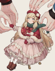 1girl 2boys blonde_hair blush bow capelet closed_mouth doll dress ensemble_stars! frilled_dress frills full_body fur-trimmed_capelet fur_trim green_eyes hat highres itsuki_shu kagehira_mika long_hair long_sleeves mademoiselle_(ensemble_stars!) mittens multiple_boys pink_dress red_bow red_capelet red_hat red_mittens sitting yutsumoe