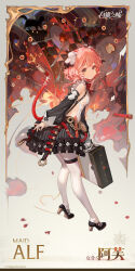 ahoge alf_(silver_palace) bandolier belt blue_eyes cable cable_tail character_name chinese_text copyright_name copyright_notice detached_sleeves english_text fire full_body grey_background high_heels highres holding holding_suitcase logo looking_at_viewer mechanical_tail medium_hair official_art pantyhose picture_frame pocket_watch red_hair shotgun_shell silver_palace skirt suitcase tail watch white_pantyhose